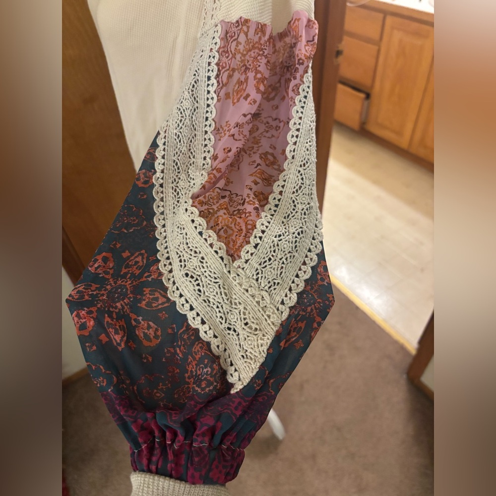Forever 21 Cream and Multicolor Patchwork Sleeve Blouse